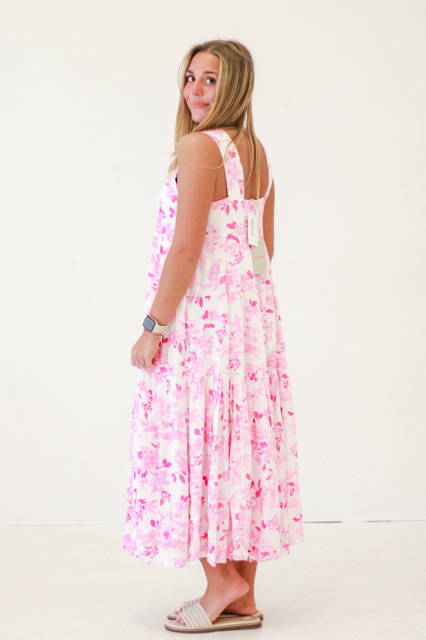 Seaside Serenity Floral Print Tiered Midi Dress French Rose