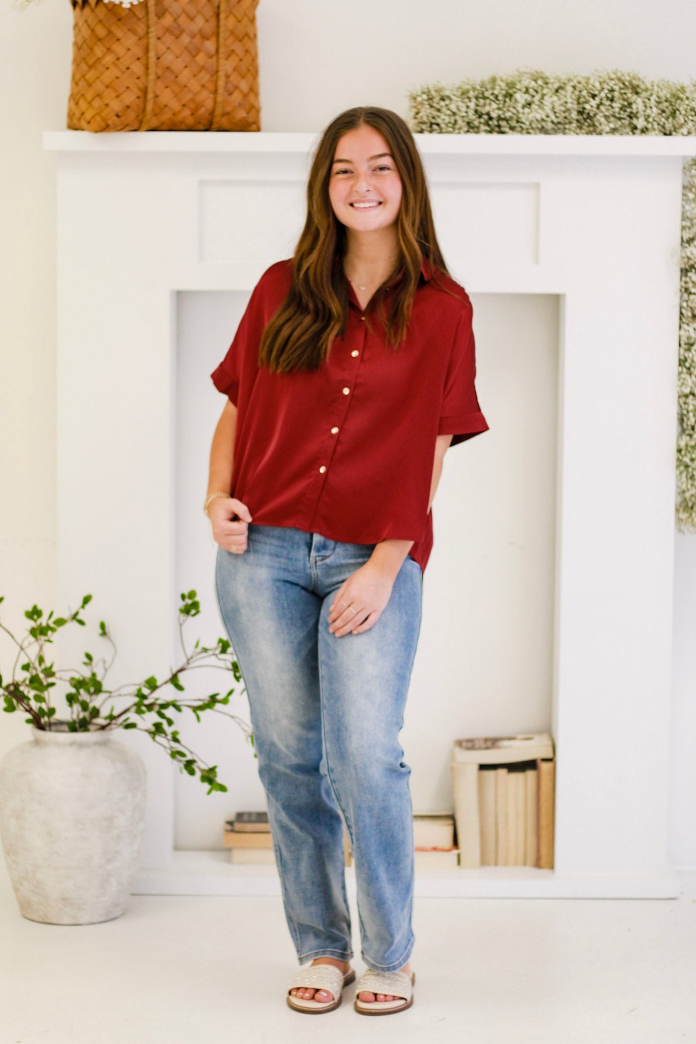 Casual Date Short Sleeve Button Down Top in Wine