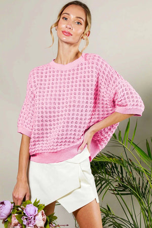 Summer Weave Short-Sleeve Crochet Sweater in Pink