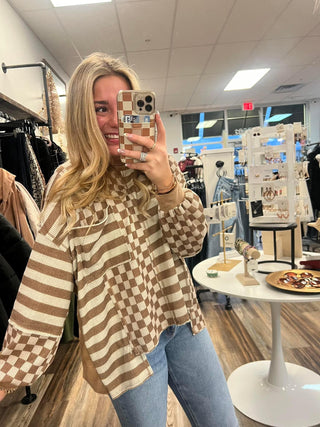 MIddle of a Memory Check/Stripe Top in Mocha