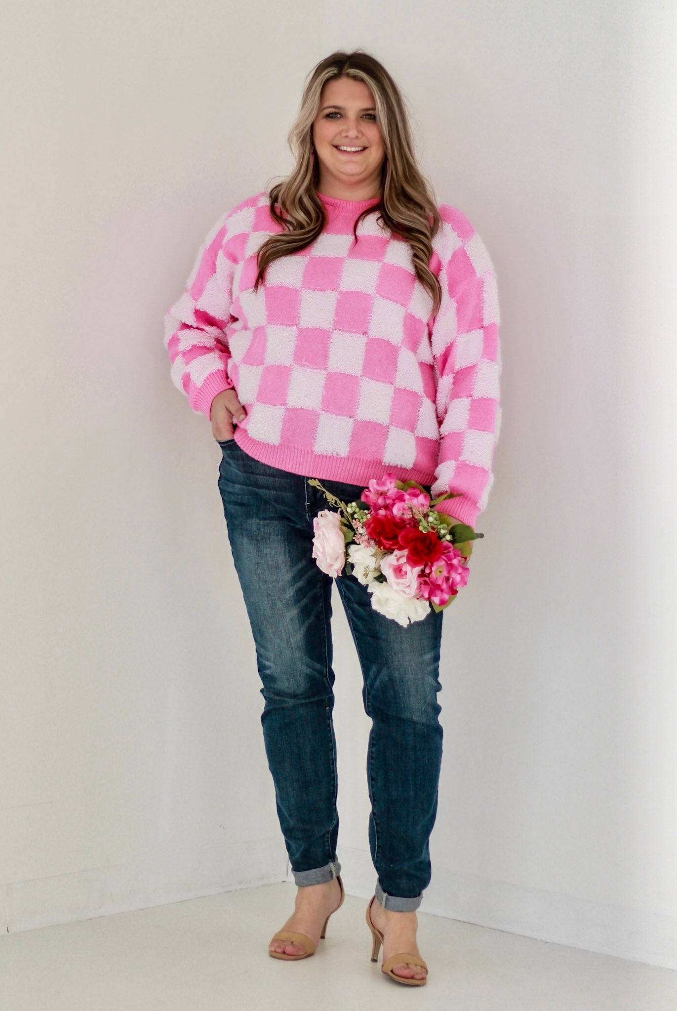 Feeling Loved Pink on Pink Check Print Sweater