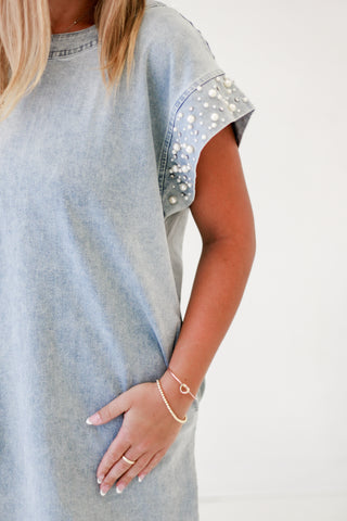 Pearl-Embellished Cuff Denim Dress in Lt Blue