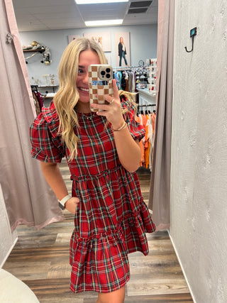 See You on Christmas Eve Plaid Dress in Red