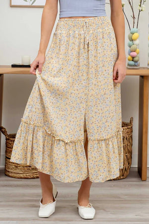 Aurelia Floral Front Slit Midi Skirt in Yellow