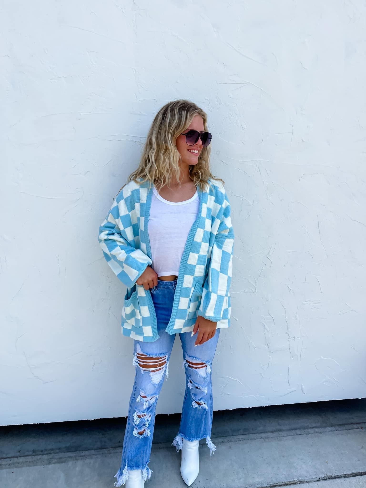 Blakeley Checkered Cardigan in Blue