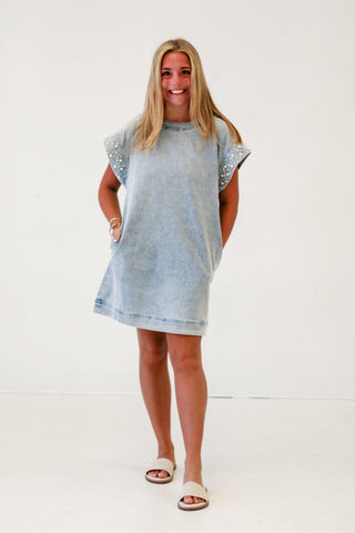 Pearl-Embellished Cuff Denim Dress in Lt Blue