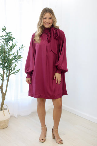 All Tied Up Satin Mini Dress in Plum