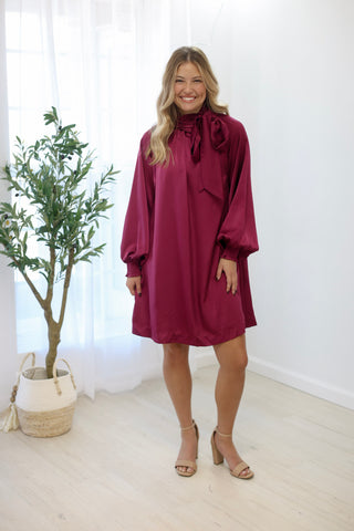 All Tied Up Satin Mini Dress in Plum