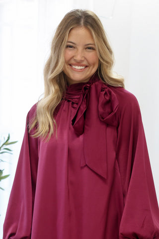 All Tied Up Satin Mini Dress in Plum