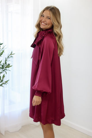 All Tied Up Satin Mini Dress in Plum