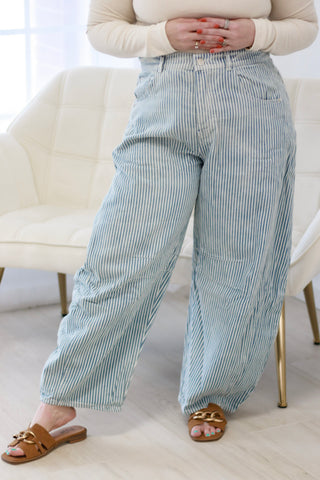 Know Your Worth Striped Barrel Jeans