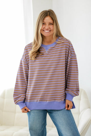 All The Love Striped Oversized Top In Mocha/Lavendar