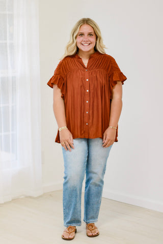 The Time is Now Ruffle Sleeve Blouse in Rust