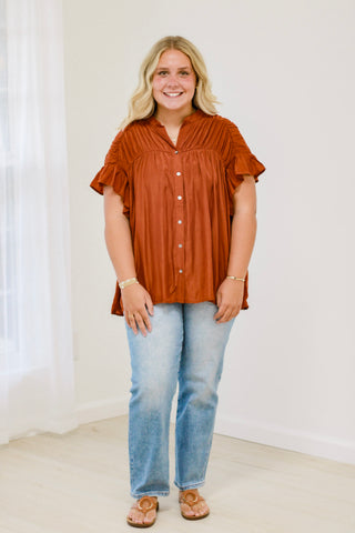 The Time is Now Ruffle Sleeve Blouse in Rust