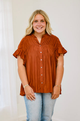 The Time is Now Ruffle Sleeve Blouse in Rust