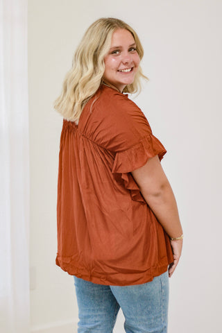 The Time is Now Ruffle Sleeve Blouse in Rust