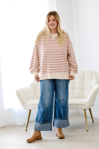 All The Love Striped Oversized Top In Brick/Beige