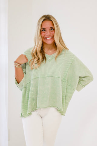 Call You Out Waffle Top in Sage