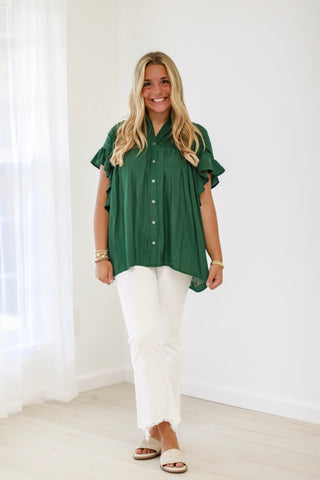 The Time is Now Ruffle Sleeve Blouse in Hunter Green