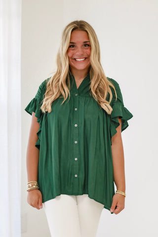 The Time is Now Ruffle Sleeve Blouse in Hunter Green