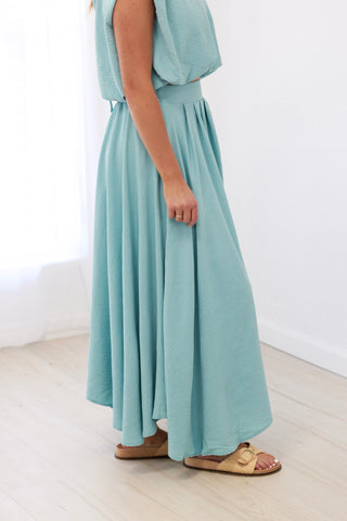 In the Moment Pleated Midi Skirt in Light Teal