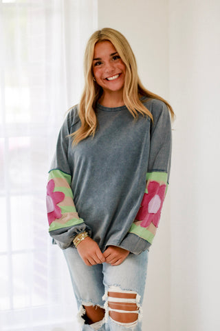 Friends Forever Floral Pullover in Washed Denim