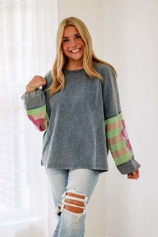 Friends Forever Floral Pullover in Washed Denim