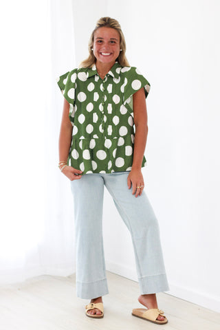 Count Me In Polka Dot Blouse in Apple Green