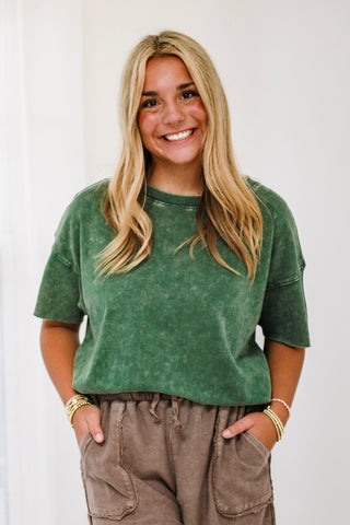 On the Edge of Fall Washed Top in Dark Green