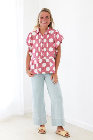 Count Me In Polka Dot Blouse in Dusty Rose