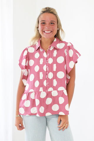 Count Me In Polka Dot Blouse in Dusty Rose