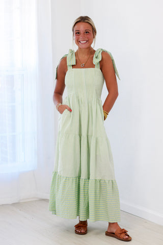 Stripe Oxford Pintuck Pleated Smocked Bow-Tie Strap Tiered Maxi Dress