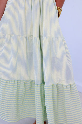 Stripe Oxford Pintuck Pleated Smocked Bow-Tie Strap Tiered Maxi Dress