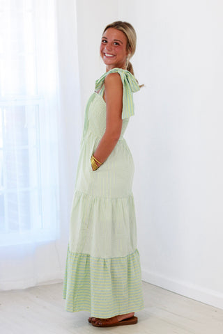Stripe Oxford Pintuck Pleated Smocked Bow-Tie Strap Tiered Maxi Dress