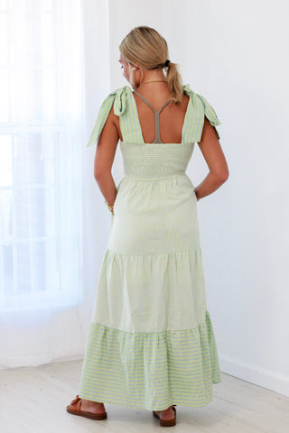 Stripe Oxford Pintuck Pleated Smocked Bow-Tie Strap Tiered Maxi Dress