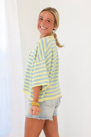 Forever With You Striped Button Up Sweater in Yellow/Blue
