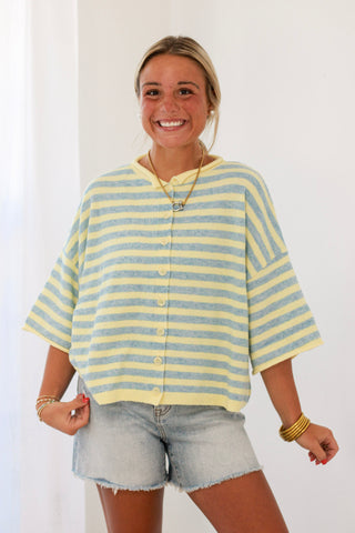 Forever With You Striped Button Up Sweater in Yellow/Blue
