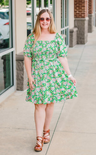 Summer Green Floral Smocked Dress