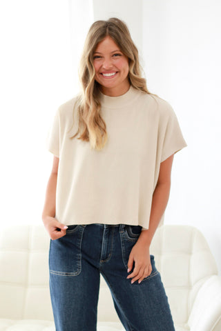 Come Sail Away Short Sleeve Sweater in Sand Beige