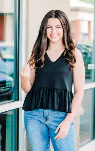 Crash at My Place Black Peplum Tank