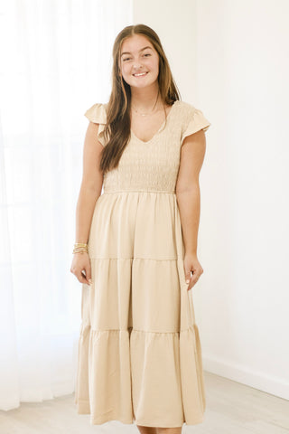 Catching the Sun Smocked Dress in Khaki