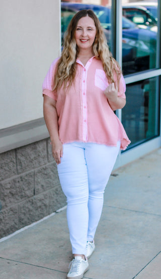 Summer Vacation Striped Detail Linen Top in Peach