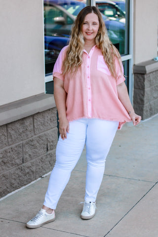 Summer Vacation Striped Detail Linen Top in Peach