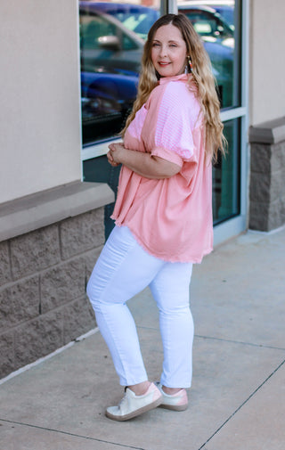 Summer Vacation Striped Detail Linen Top in Peach