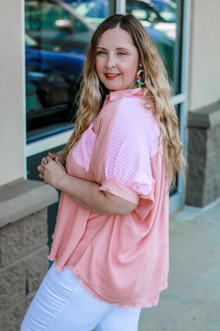 Summer Vacation Striped Detail Linen Top in Peach