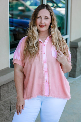 Summer Vacation Striped Detail Linen Top in Peach
