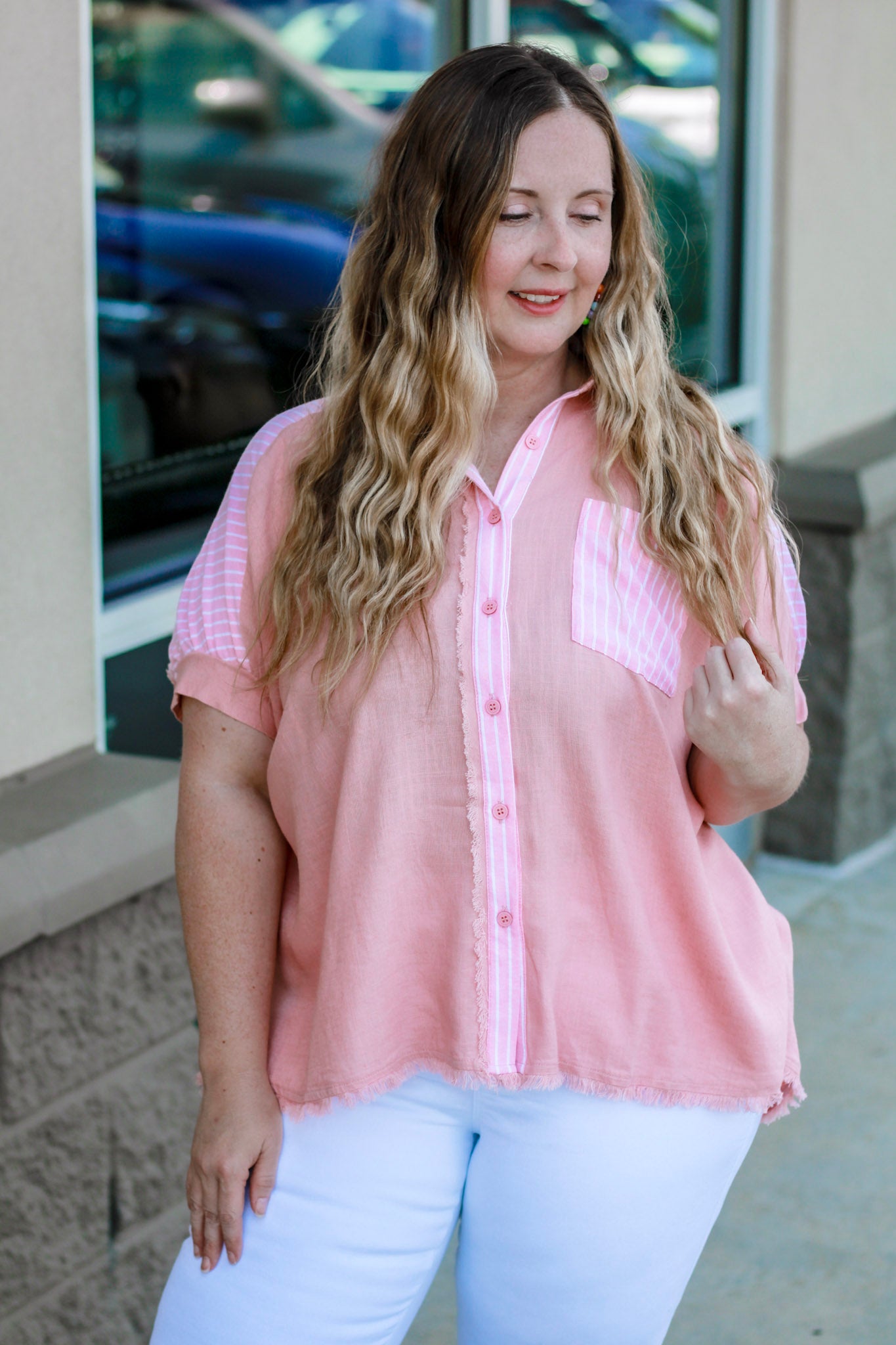 Summer Vacation Striped Detail Linen Top in Peach