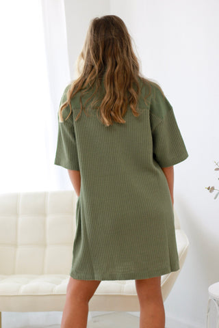 In Her Era Waffle Knit Dress in Lt Olive