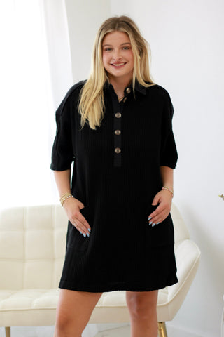 In Her Era Waffle Knit Dress in Black