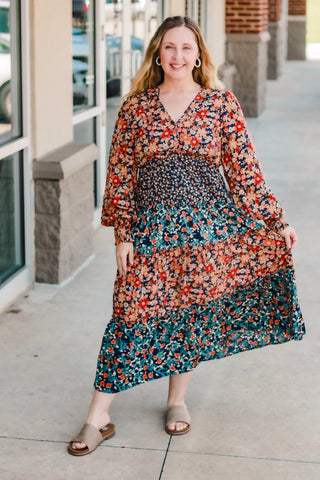 Turning Heads Fall Midi Dress in Navy Mix